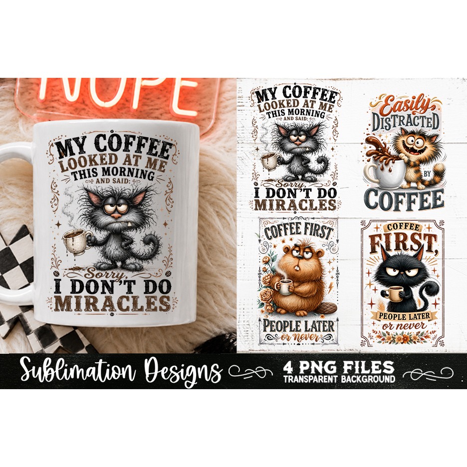 Funny Coffee Animals PNG Sublimation Designs 4 Files (6) 2