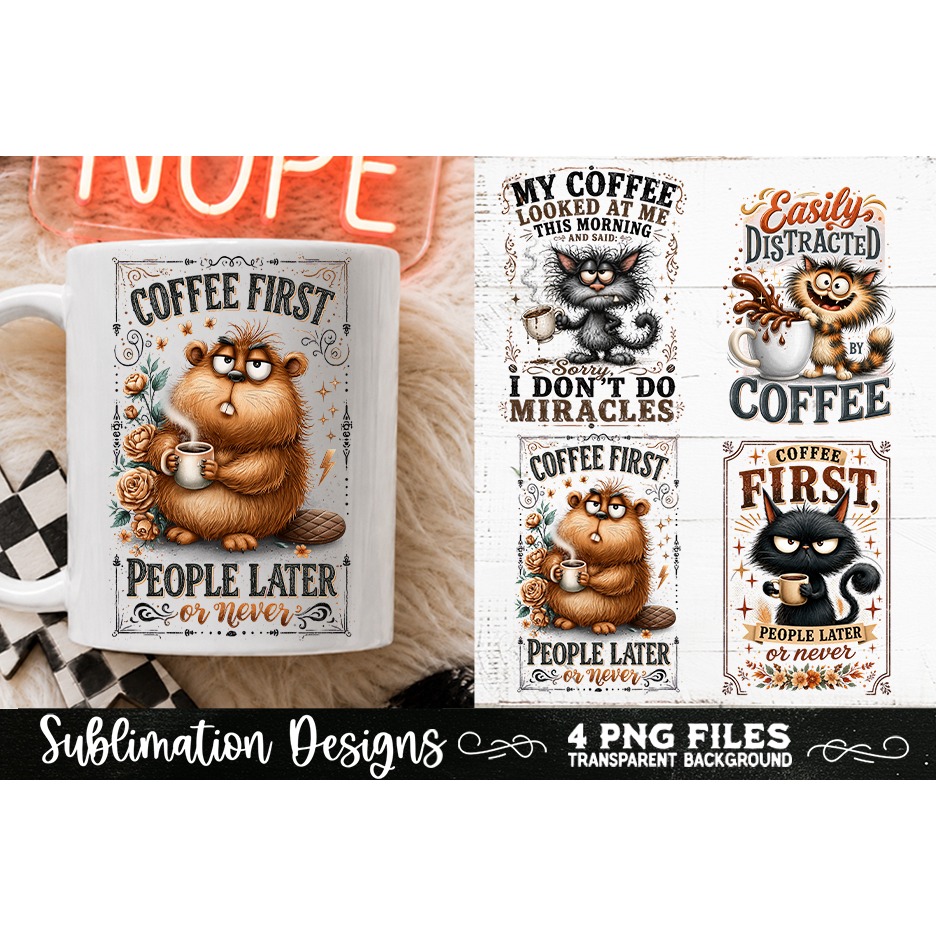 Funny Coffee Animals PNG Sublimation Designs 4 Files (6) 3