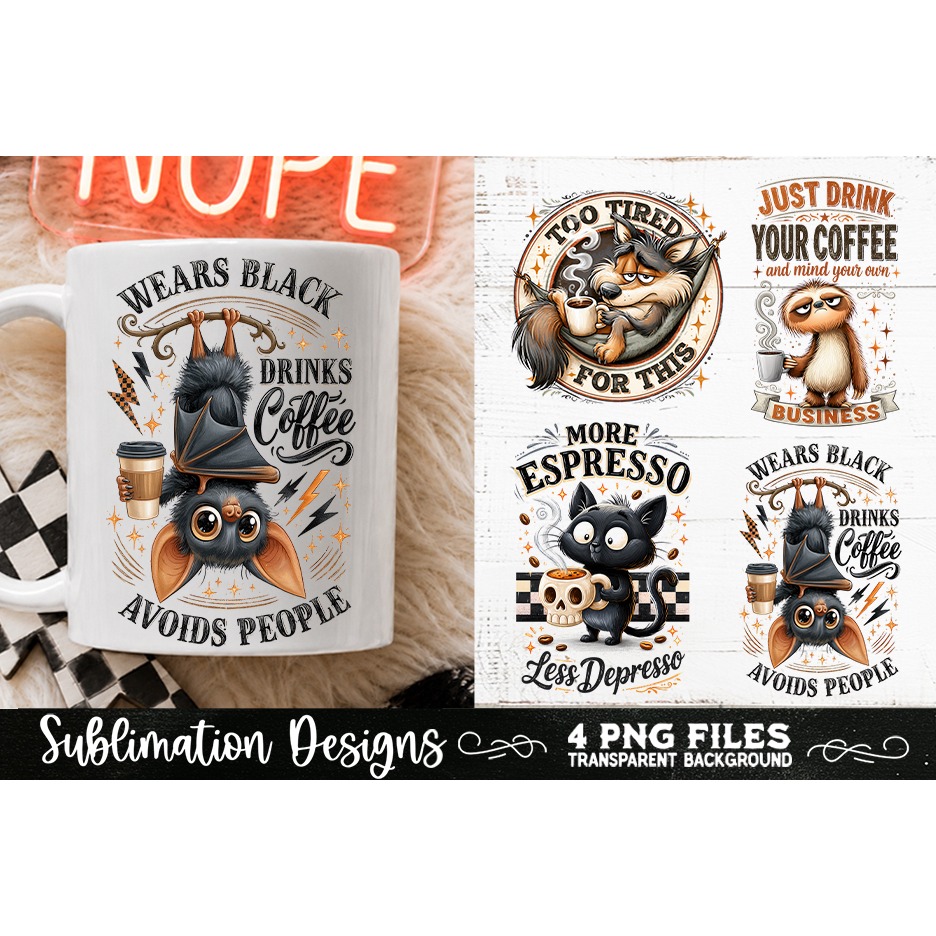 Funny Coffee Animals PNG Sublimation Designs 4 Files (7)