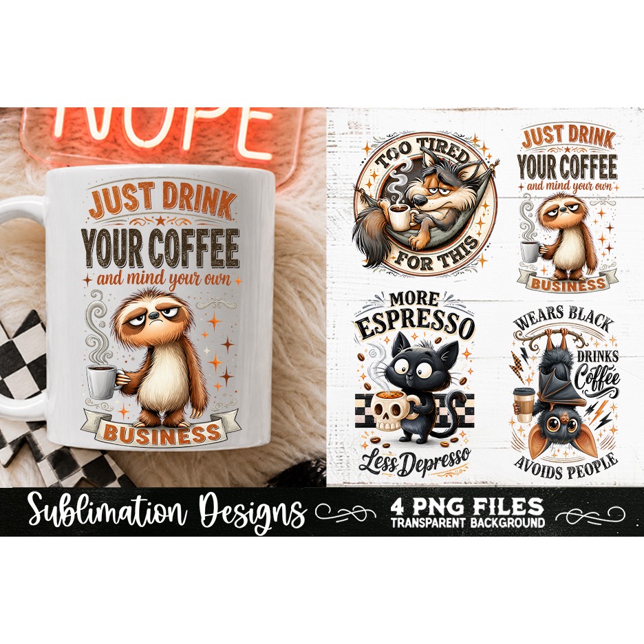 Funny Coffee Animals PNG Sublimation Designs 4 Files (7) 2