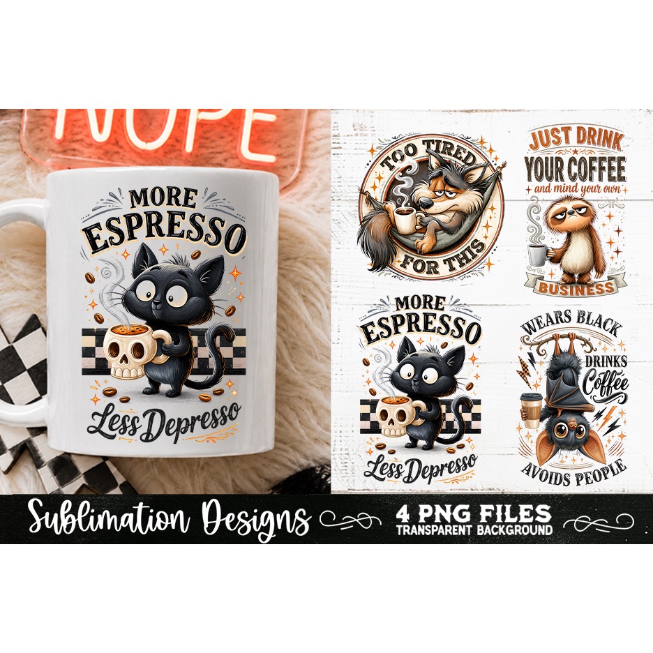 Funny Coffee Animals PNG Sublimation Designs 4 Files (7) 3