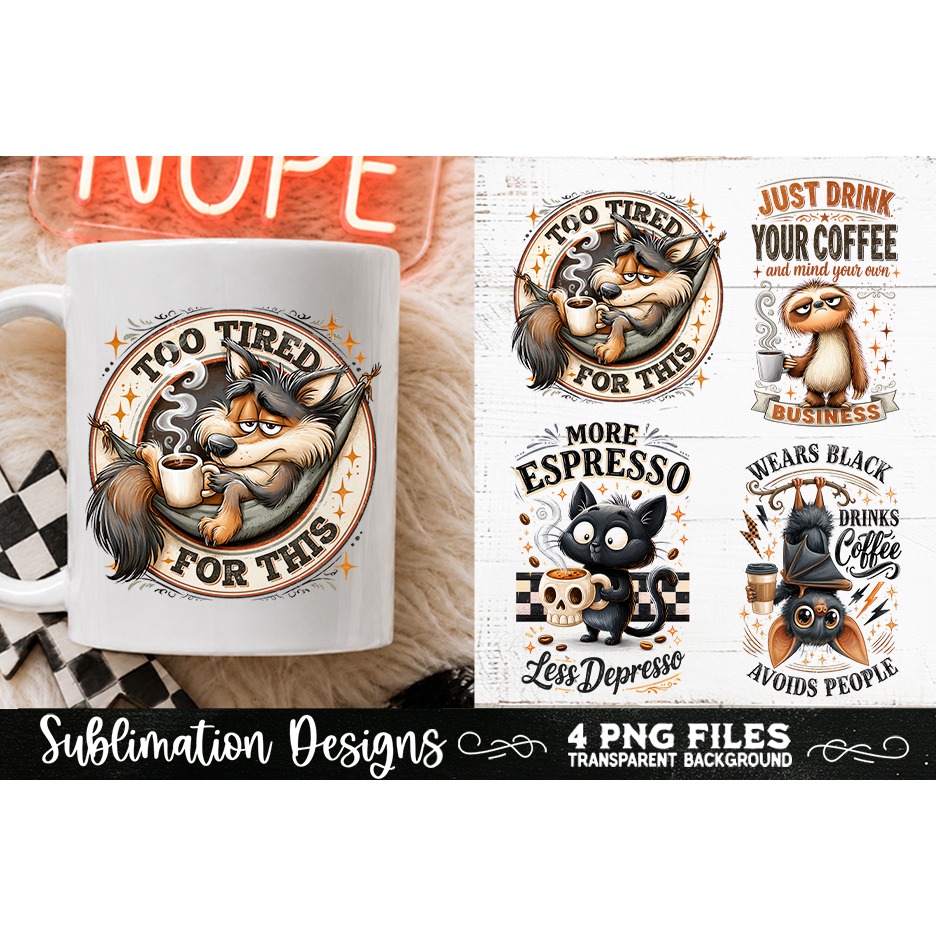 Funny Coffee Animals PNG Sublimation Designs 4 Files (7) 4