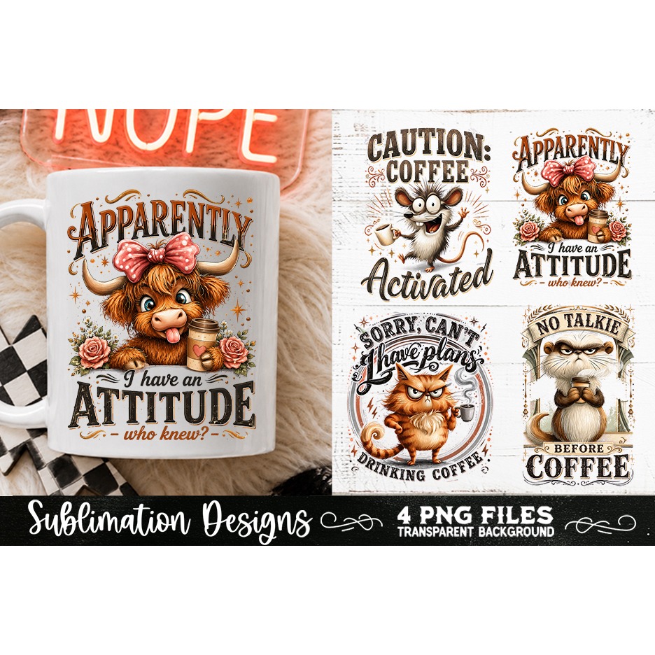 Funny Coffee Animals PNG Sublimation Designs 4 Files (8)