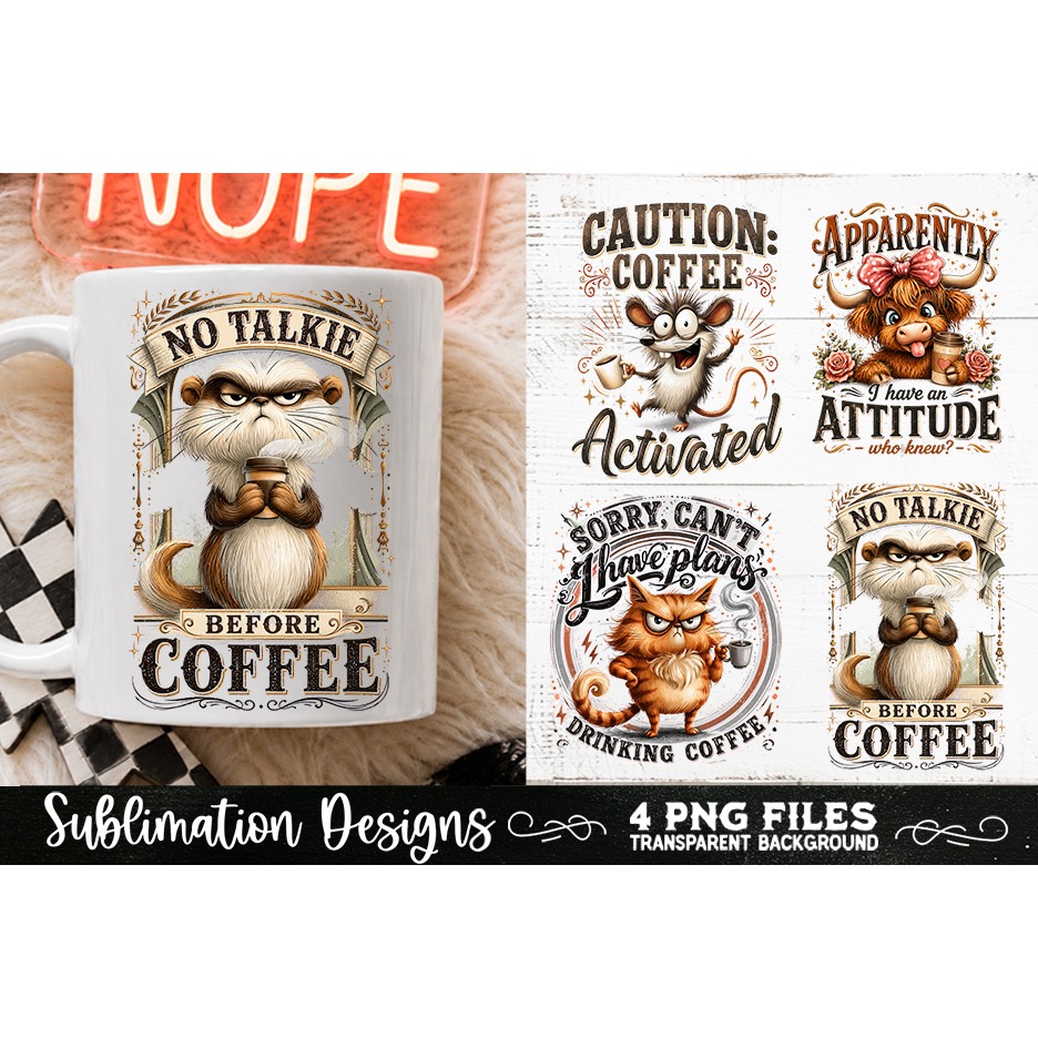 Funny Coffee Animals PNG Sublimation Designs 4 Files (8) 2