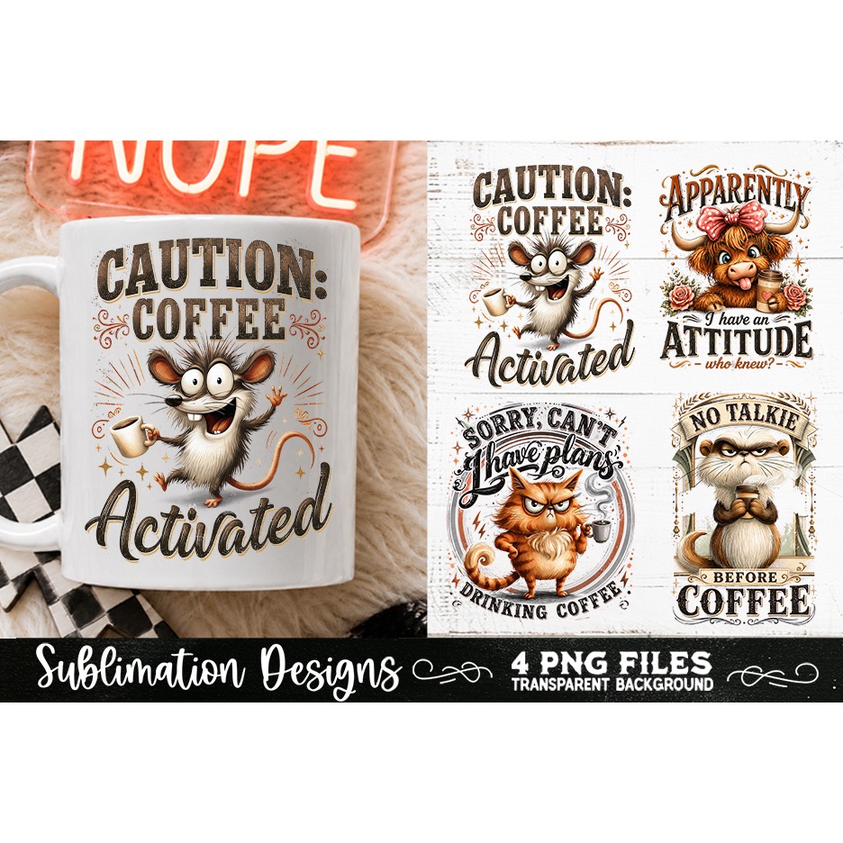Funny Coffee Animals PNG Sublimation Designs 4 Files (8) 3