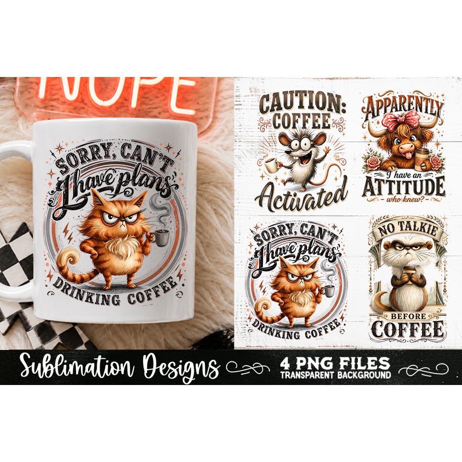 Funny Coffee Animals PNG Sublimation Designs 4 Files (8) 4