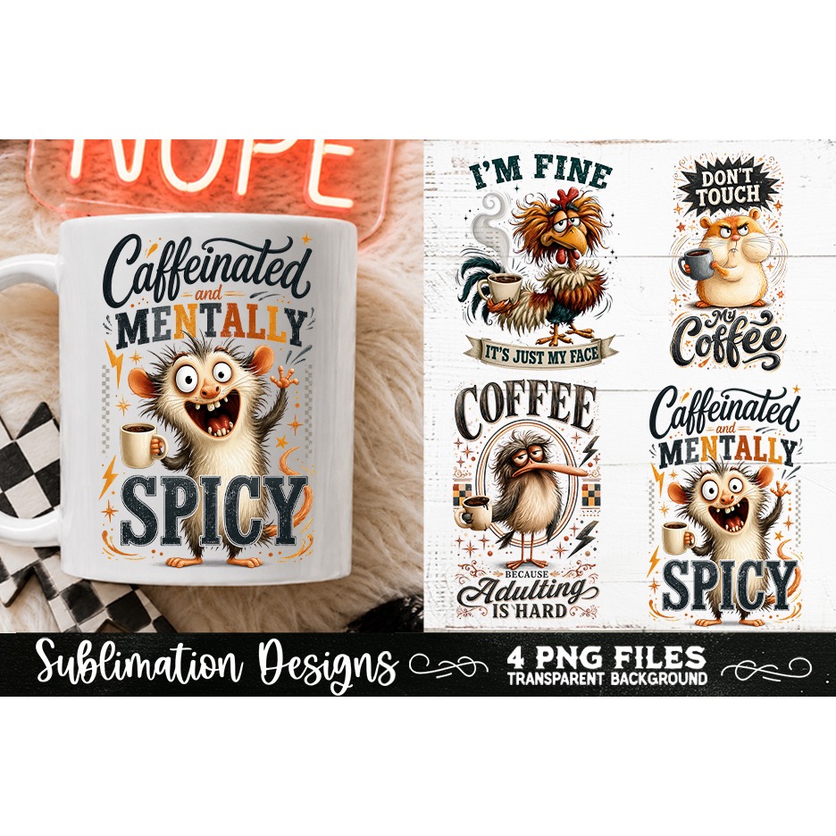 Funny Coffee Animals PNG Sublimation Designs 4 Files (9)