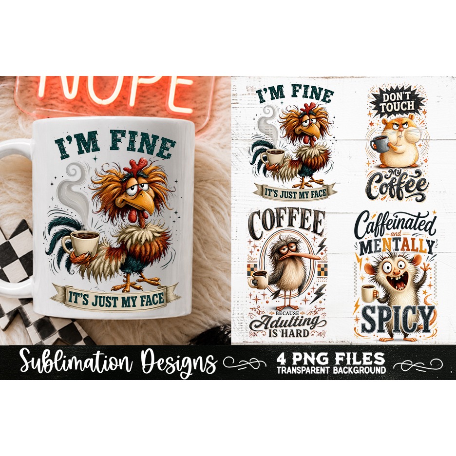 Funny Coffee Animals PNG Sublimation Designs 4 Files (9) 2