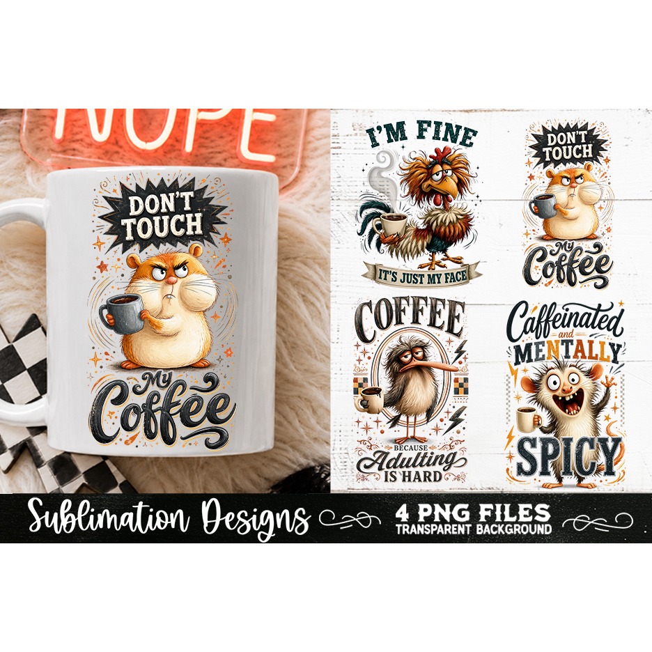 Funny Coffee Animals PNG Sublimation Designs 4 Files (9) 3
