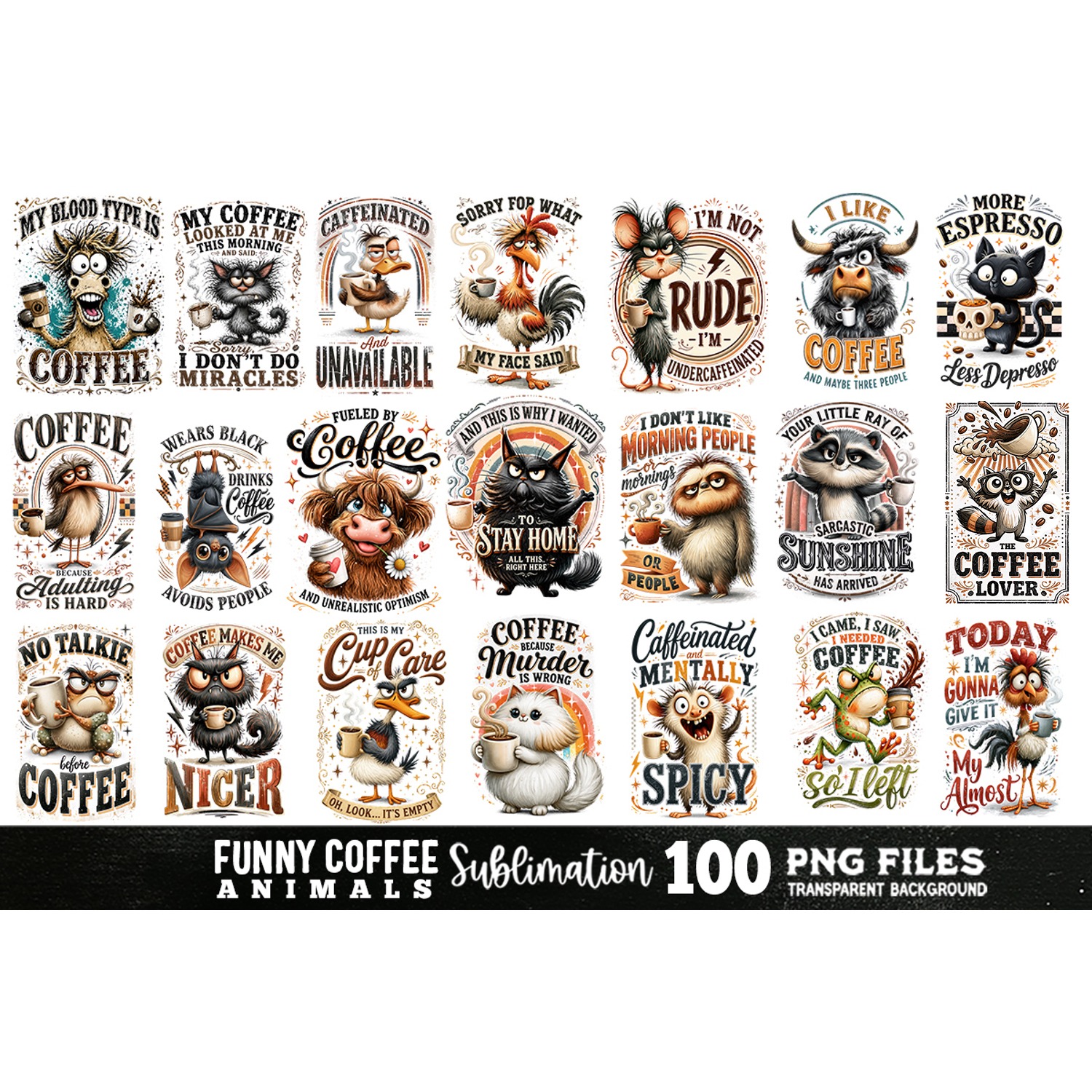 Funny Coffee Animals Sublimation Bundle 100 Designs PNG