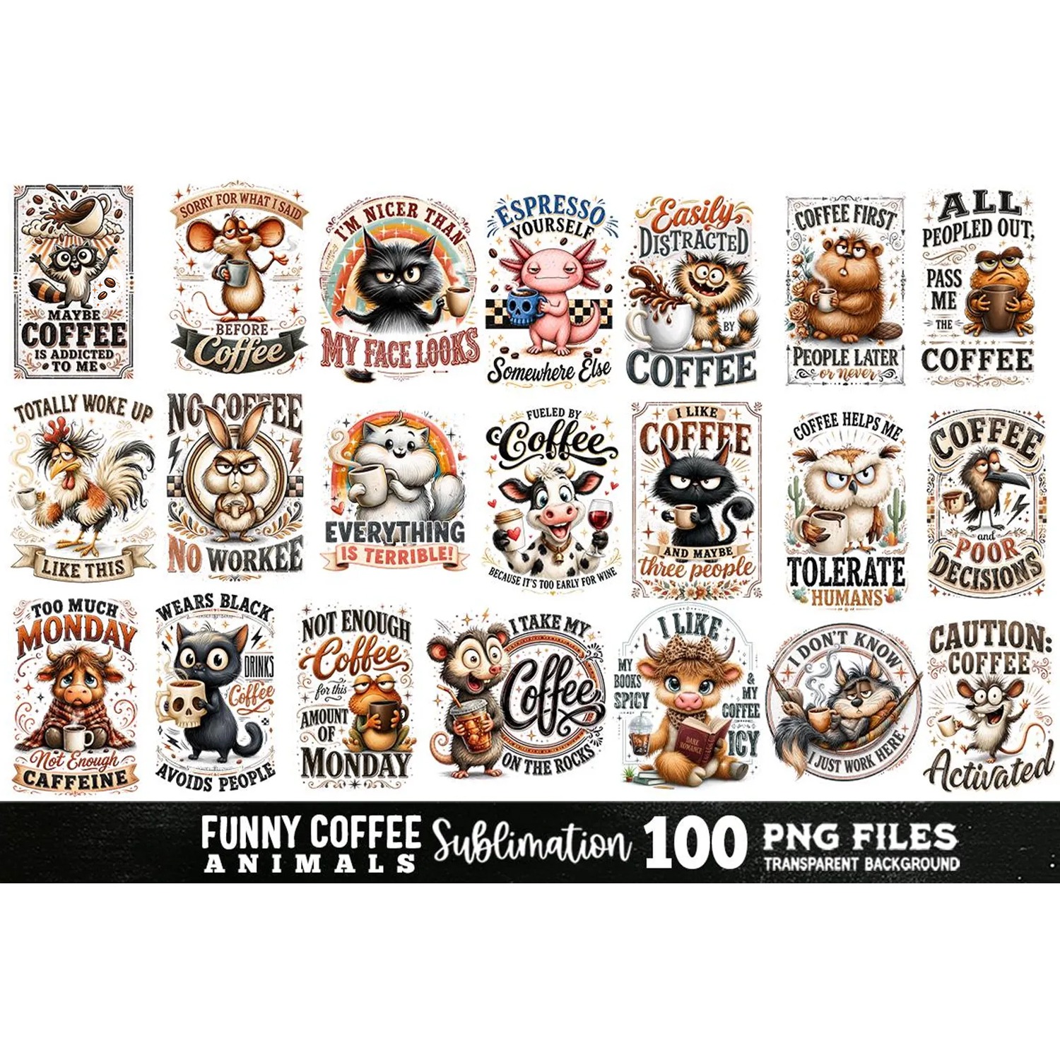 Funny Coffee Animals Sublimation Bundle 100 Designs PNG 2