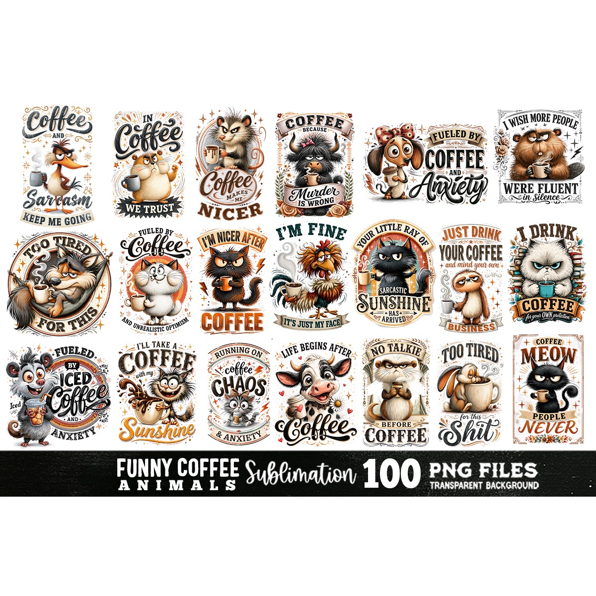 Funny Coffee Animals Sublimation Bundle 100 Designs PNG 3