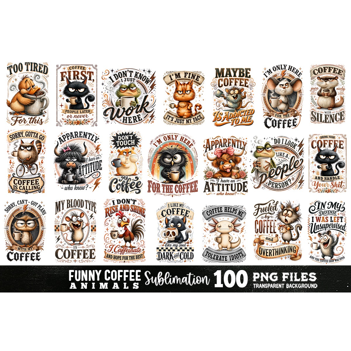 Funny Coffee Animals Sublimation Bundle 100 Designs PNG 4