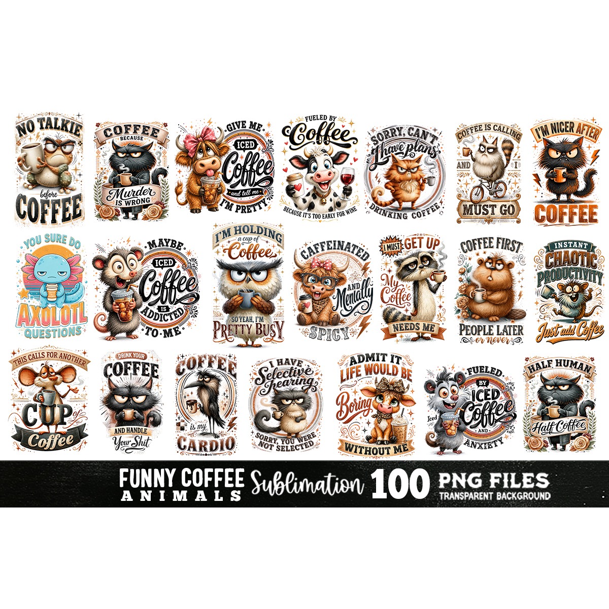 Funny Coffee Animals Sublimation Bundle 100 Designs PNG 5
