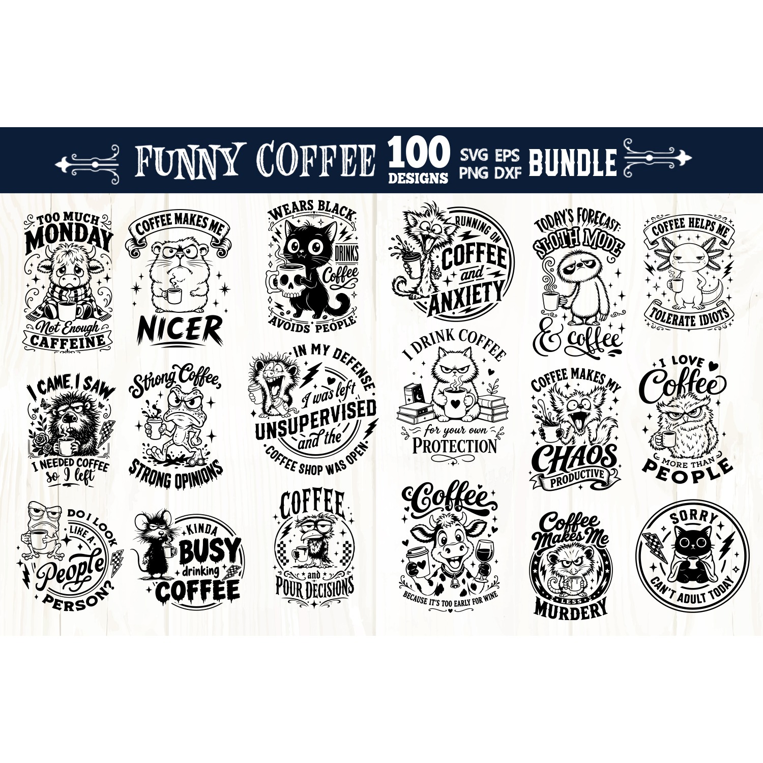 Funny coffee quotes Bundle 100 designs SVG, Funny animals 3
