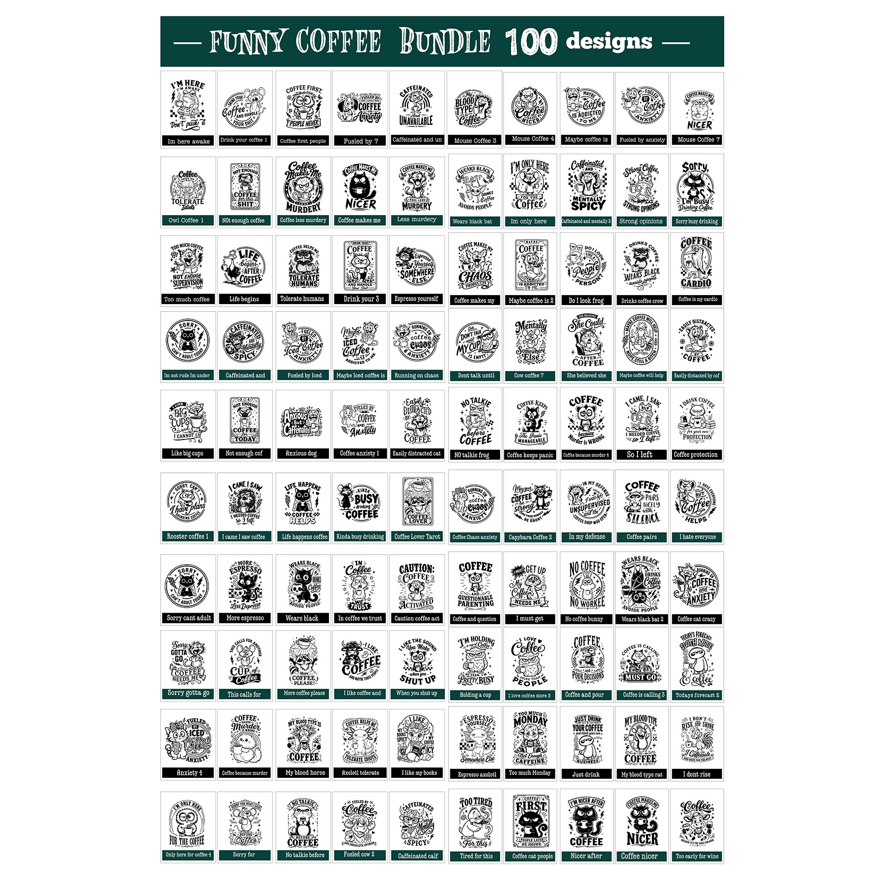 Funny coffee quotes Bundle 100 designs SVG, Funny animals 7
