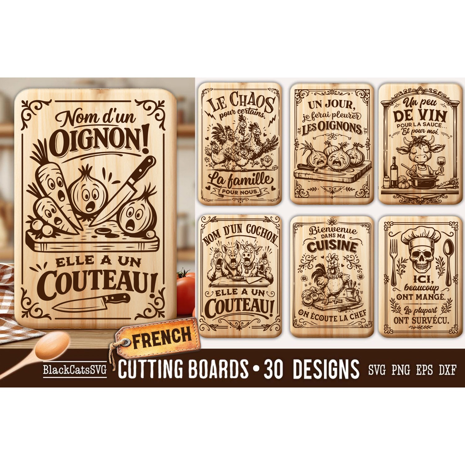 Funny French Kitchen Cutting Board SVG Bundle 30 designs