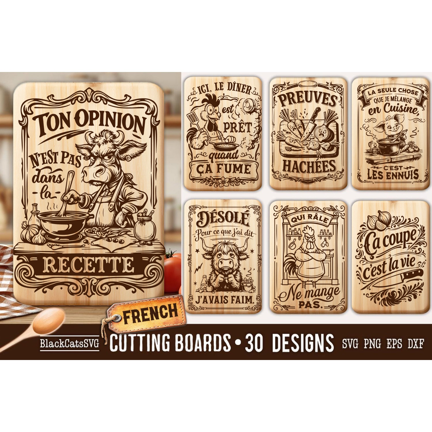 Funny French Kitchen Cutting Board SVG Bundle 30 designs 2