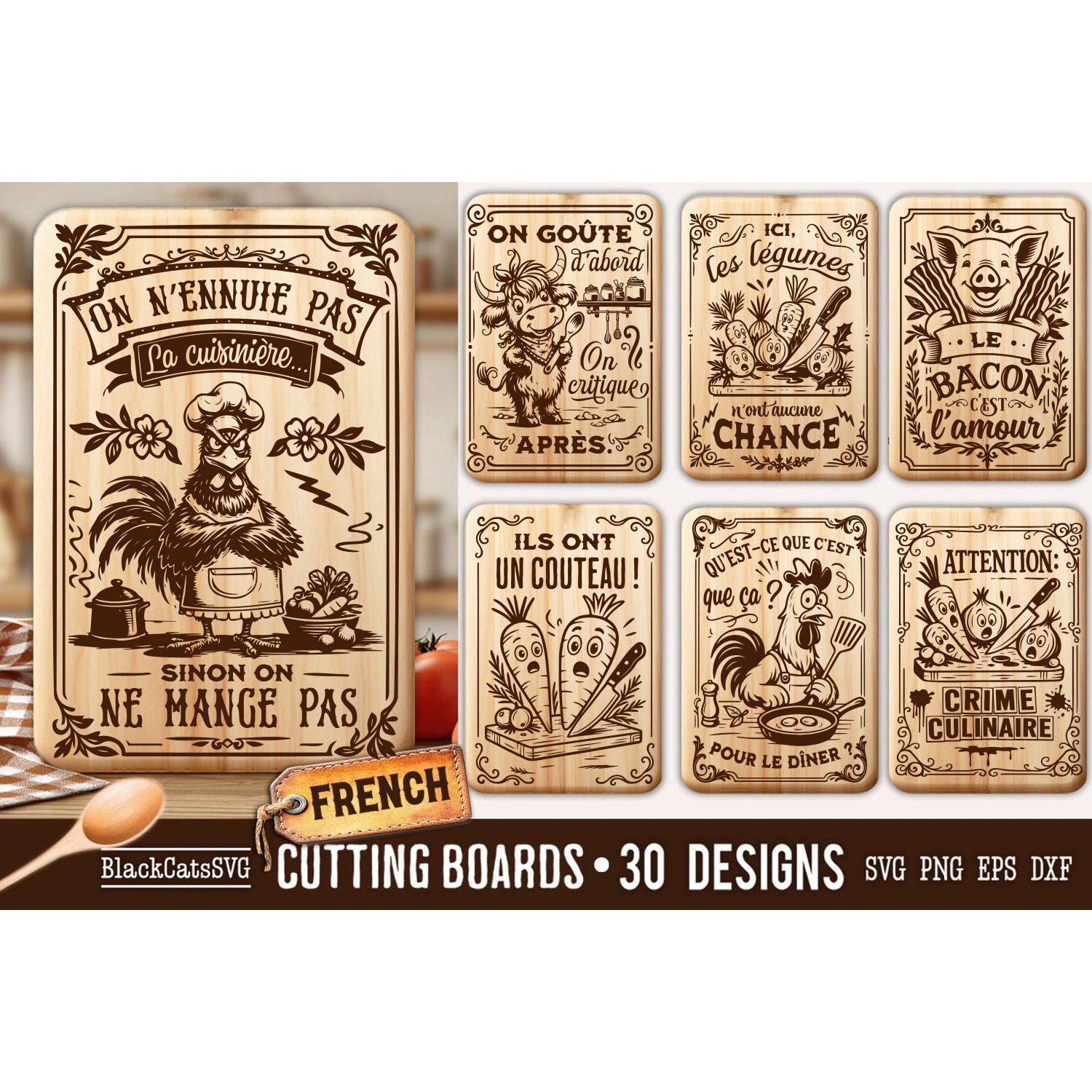 Funny French Kitchen Cutting Board SVG Bundle 30 designs 3