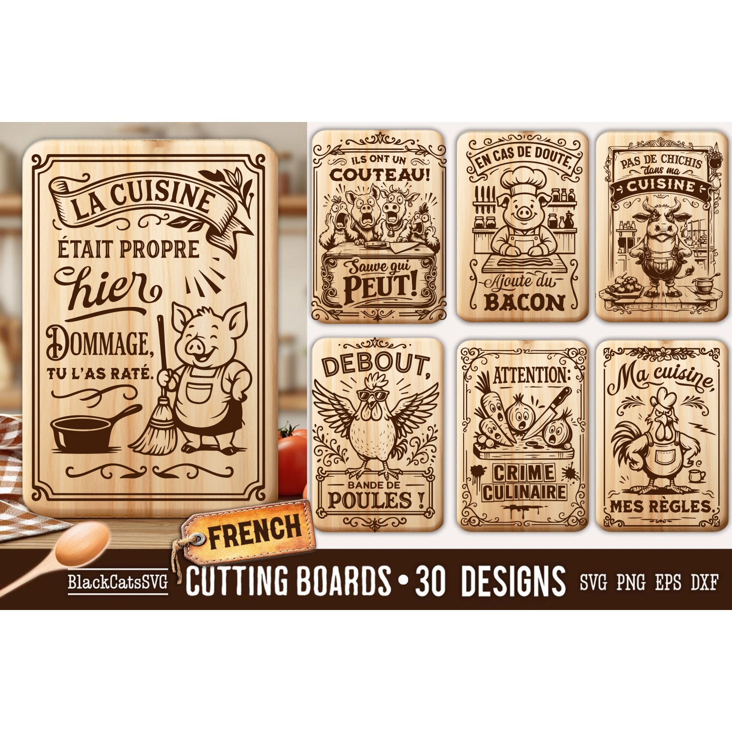 Funny French Kitchen Cutting Board SVG Bundle 30 designs 4