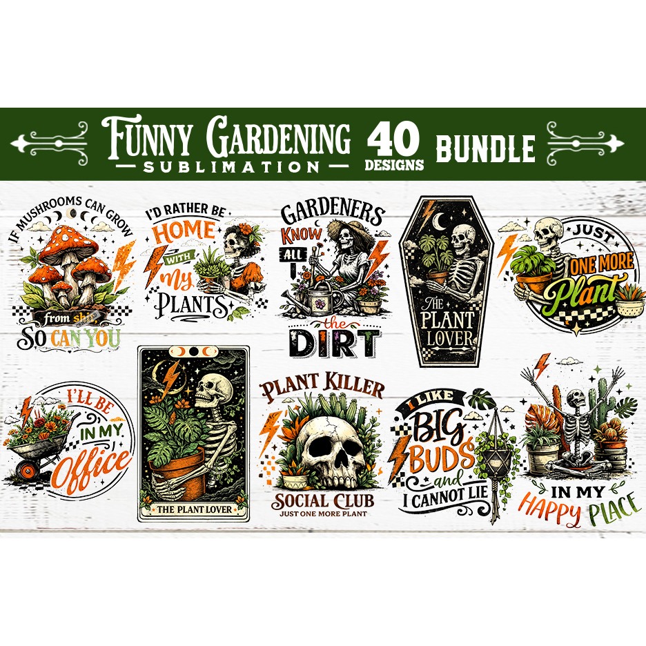 Funny gardening skulls sublimation bundle 40 designs PNG