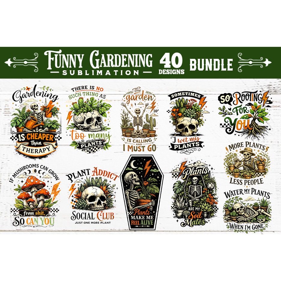 Funny gardening skulls sublimation bundle 40 designs PNG 4