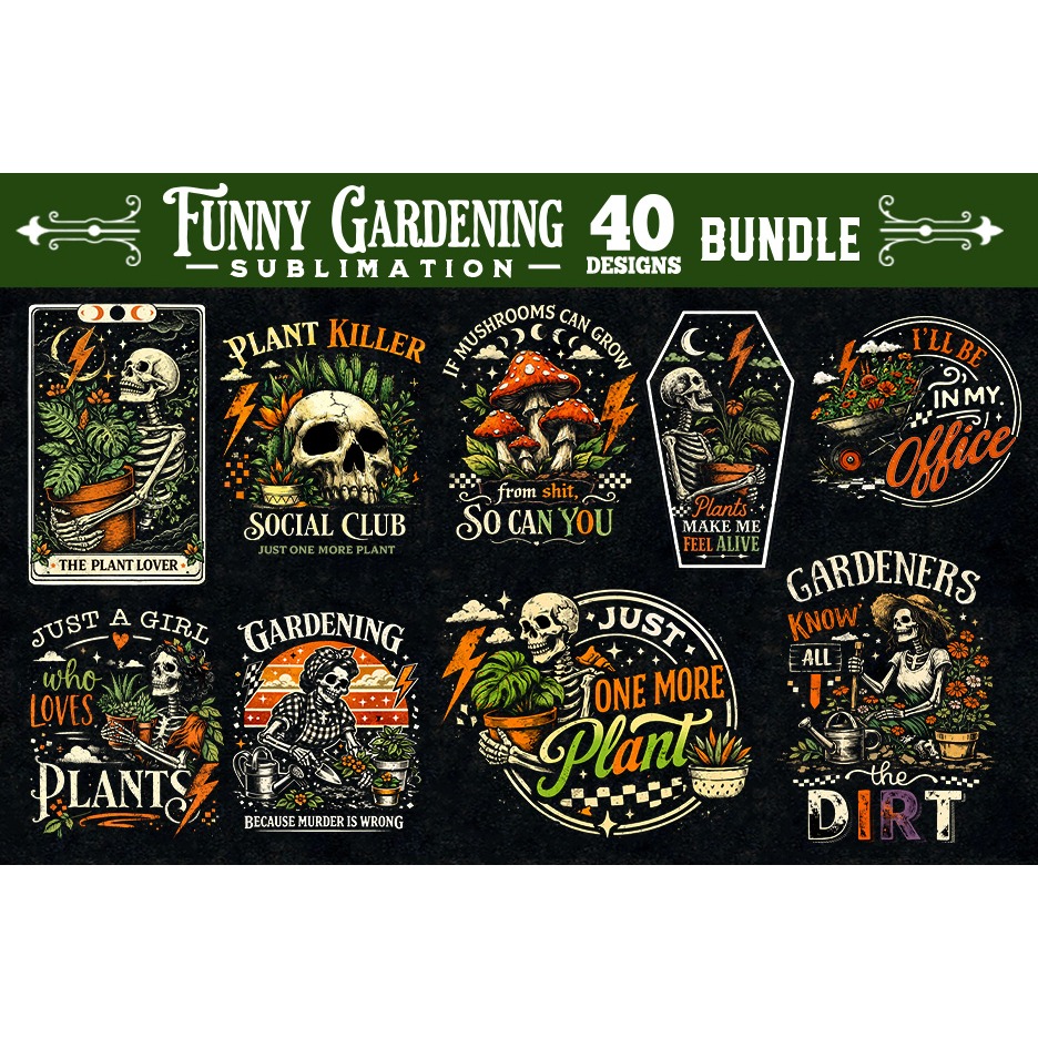 Funny gardening skulls sublimation bundle 40 designs PNG 5