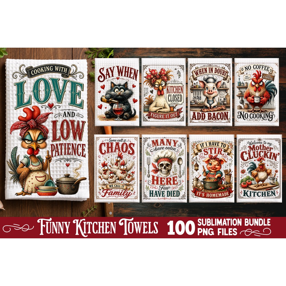 Funny Kitchen Towel Sublimation PNG Bundle 100 Designs