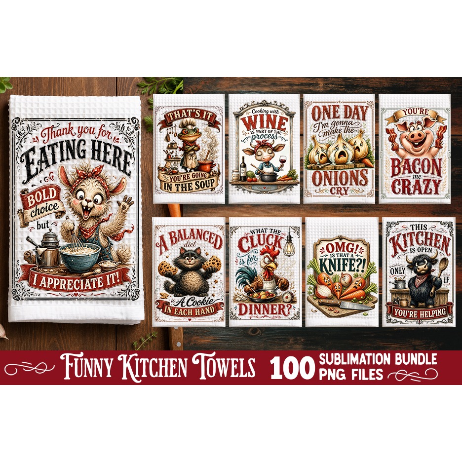 Funny Kitchen Towel Sublimation PNG Bundle 100 Designs 2