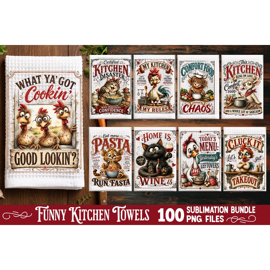 Funny Kitchen Towel Sublimation PNG Bundle 100 Designs 3