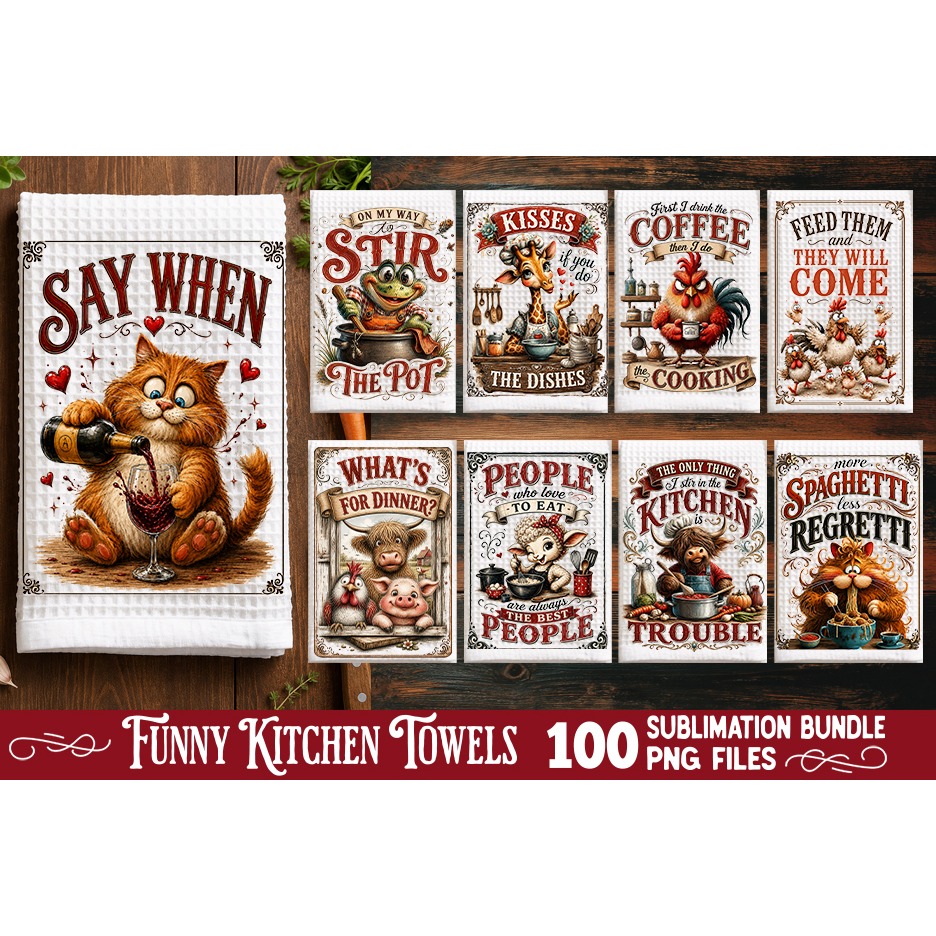 Funny Kitchen Towel Sublimation PNG Bundle 100 Designs 4