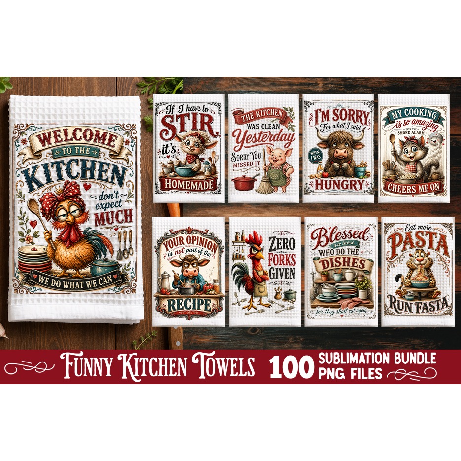 Funny Kitchen Towel Sublimation PNG Bundle 100 Designs 5