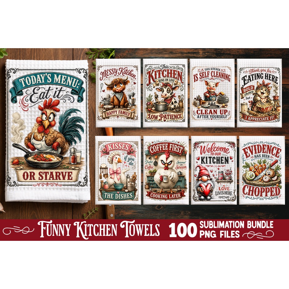 Funny Kitchen Towel Sublimation PNG Bundle 100 Designs 6