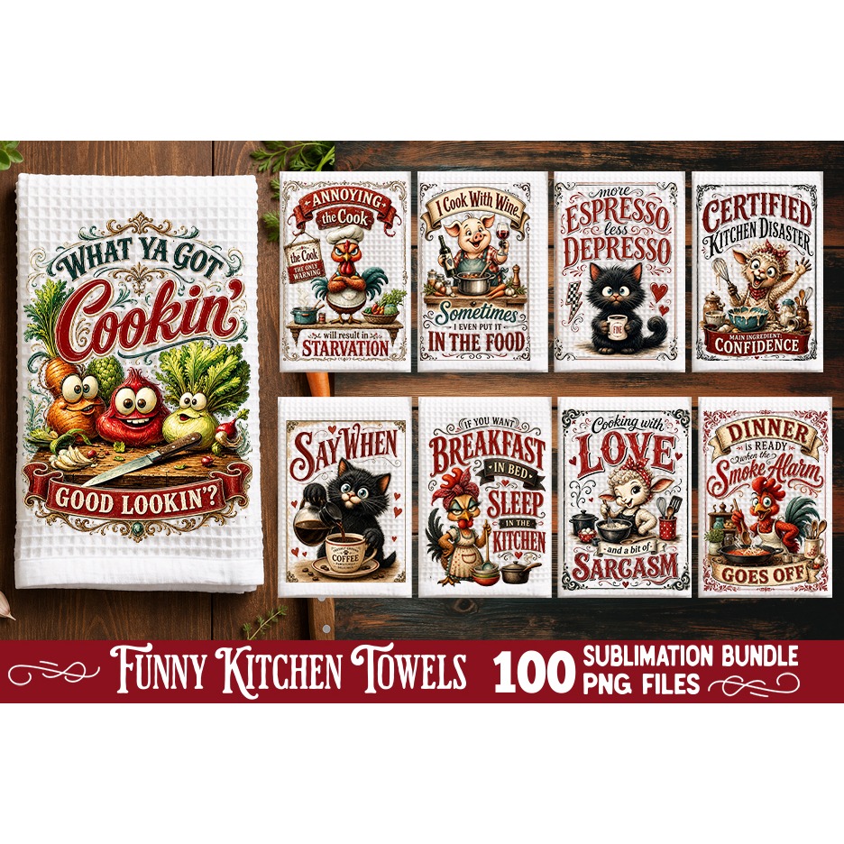 Funny Kitchen Towel Sublimation PNG Bundle 100 Designs 7