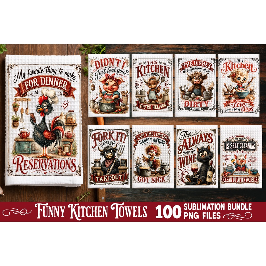 Funny Kitchen Towel Sublimation PNG Bundle 100 Designs 8