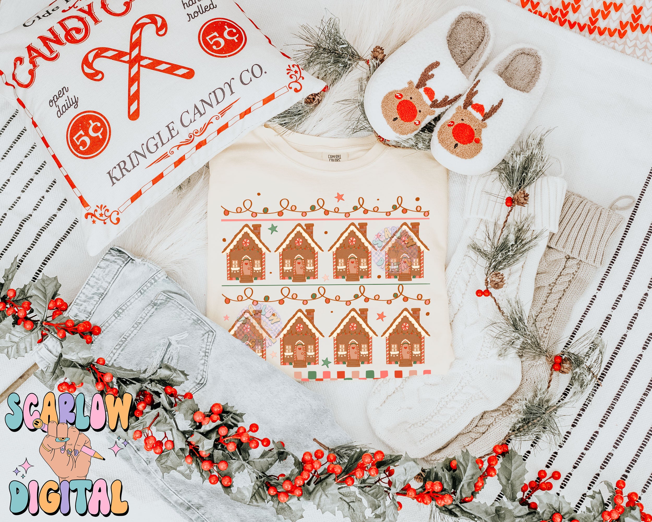 Gingerbread Houses PNG Digital Design Download, sweater pattern png, Christmas sweater png design, checkers png, christmas lights png design 2