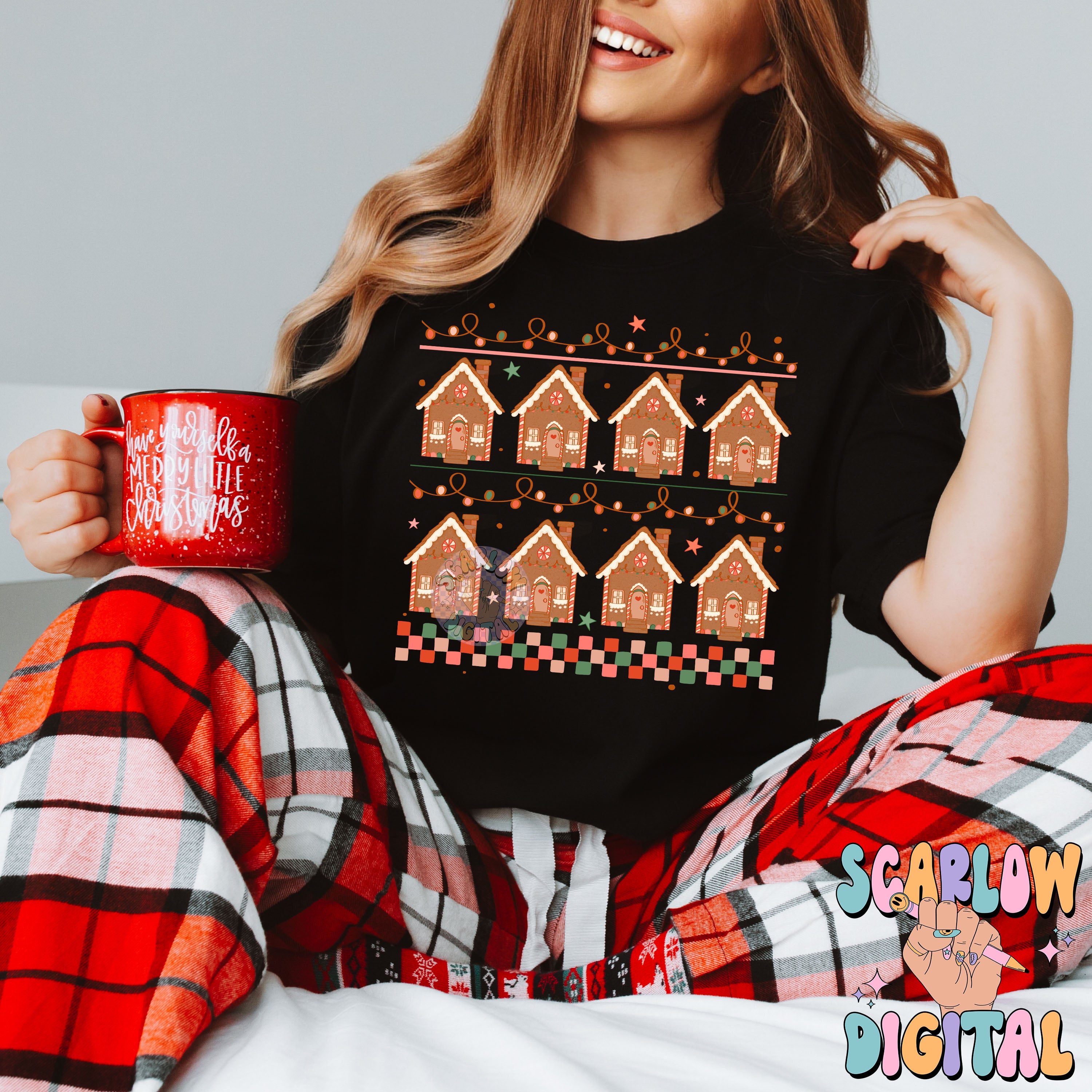 Gingerbread Houses PNG Digital Design Download, sweater pattern png, Christmas sweater png design, checkers png, christmas lights png design 3