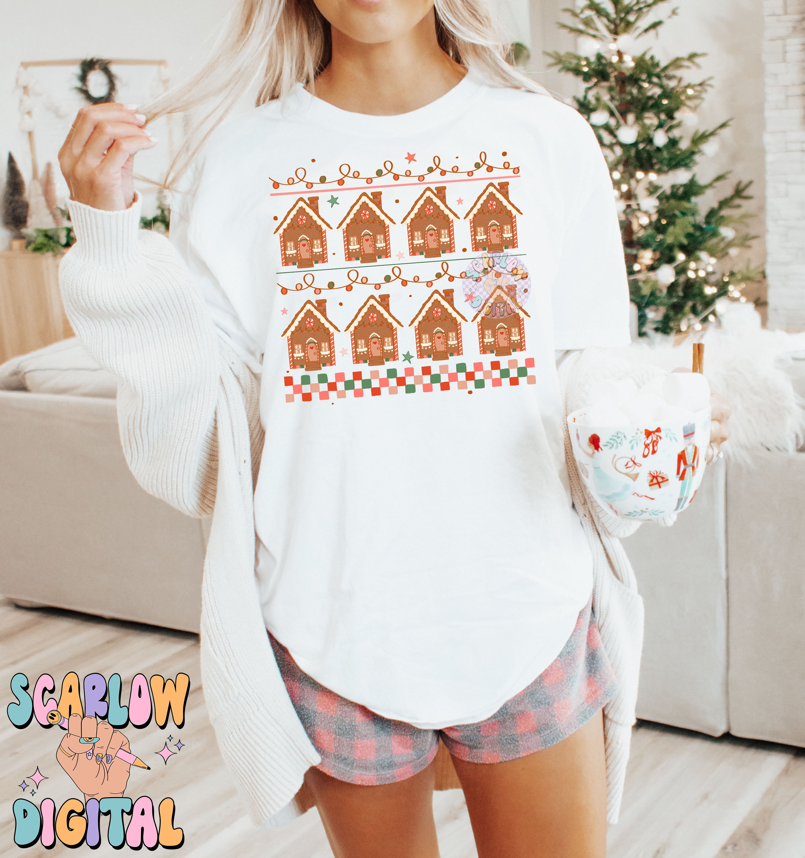 Gingerbread Houses PNG Digital Design Download, sweater pattern png, Christmas sweater png design, checkers png, christmas lights png design 4