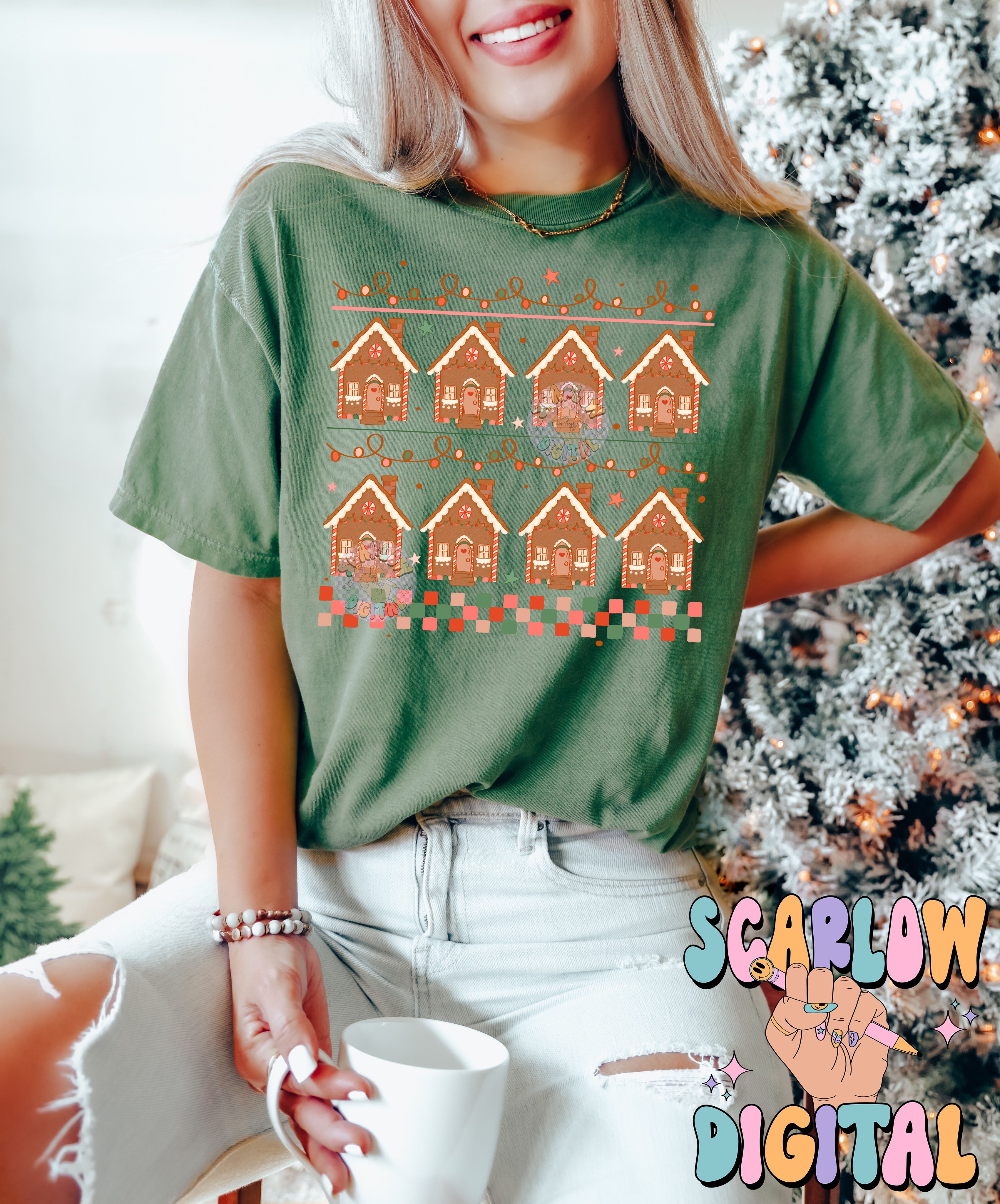 Gingerbread Houses PNG Digital Design Download, sweater pattern png, Christmas sweater png design, checkers png, christmas lights png design 5