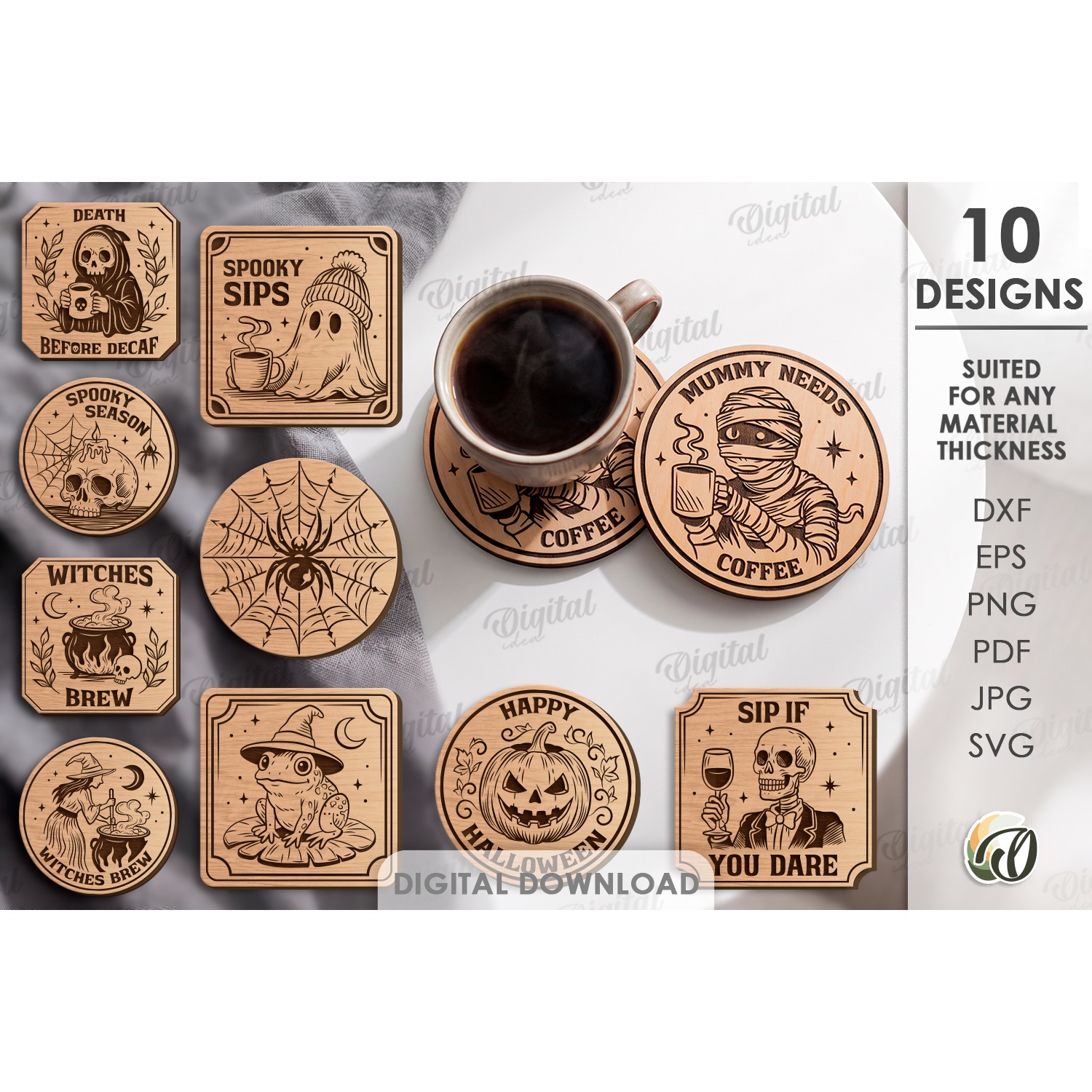 Halloween Coasters Bundle Laser Cut. Drink Coaster SVG