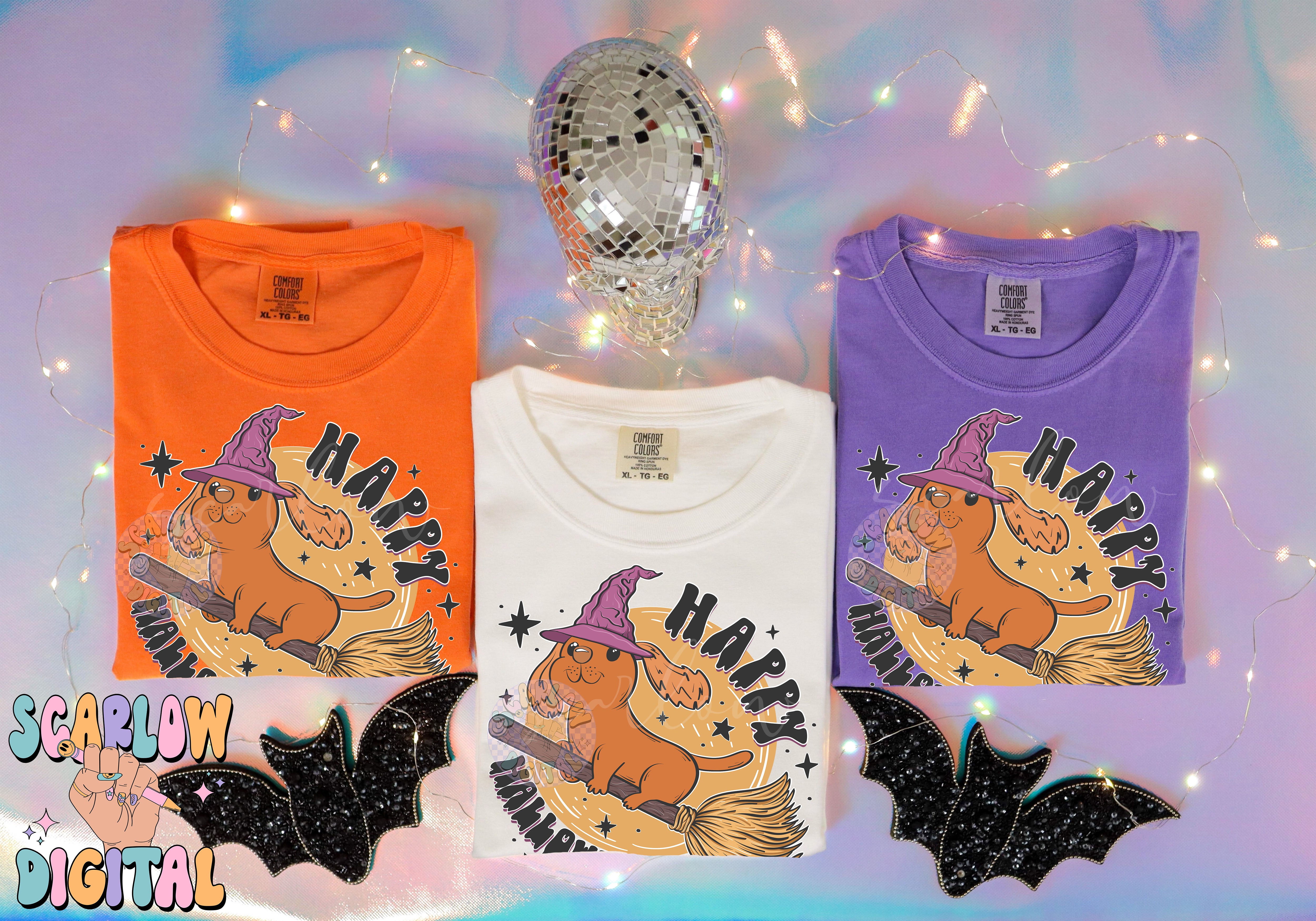 Happy Halloweenie PNG Digital Design Download, dachshund png, wiener dog png, funny halloween png, spooky season png, witchy png, kids png 2