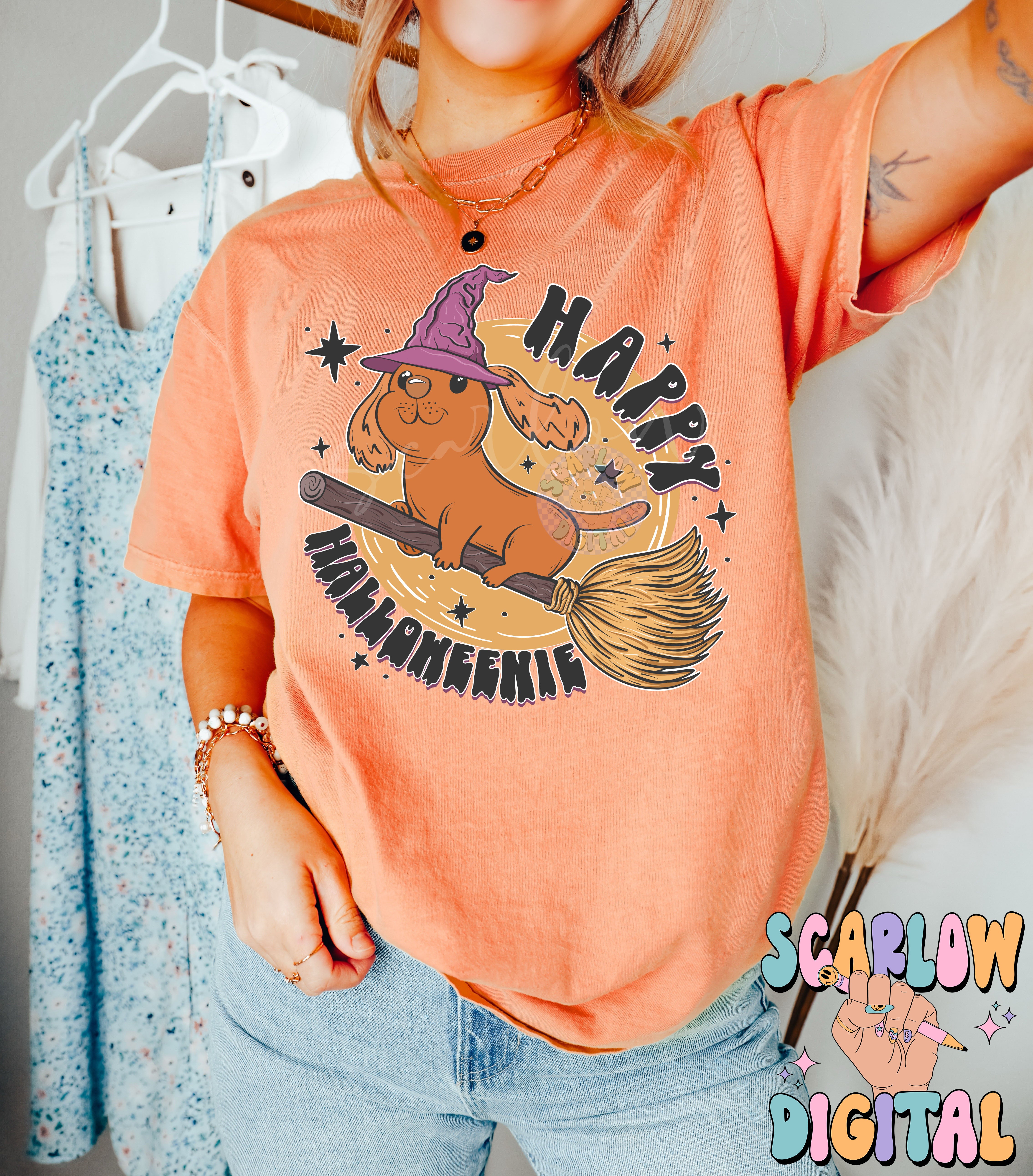 Happy Halloweenie PNG Digital Design Download, dachshund png, wiener dog png, funny halloween png, spooky season png, witchy png, kids png 3