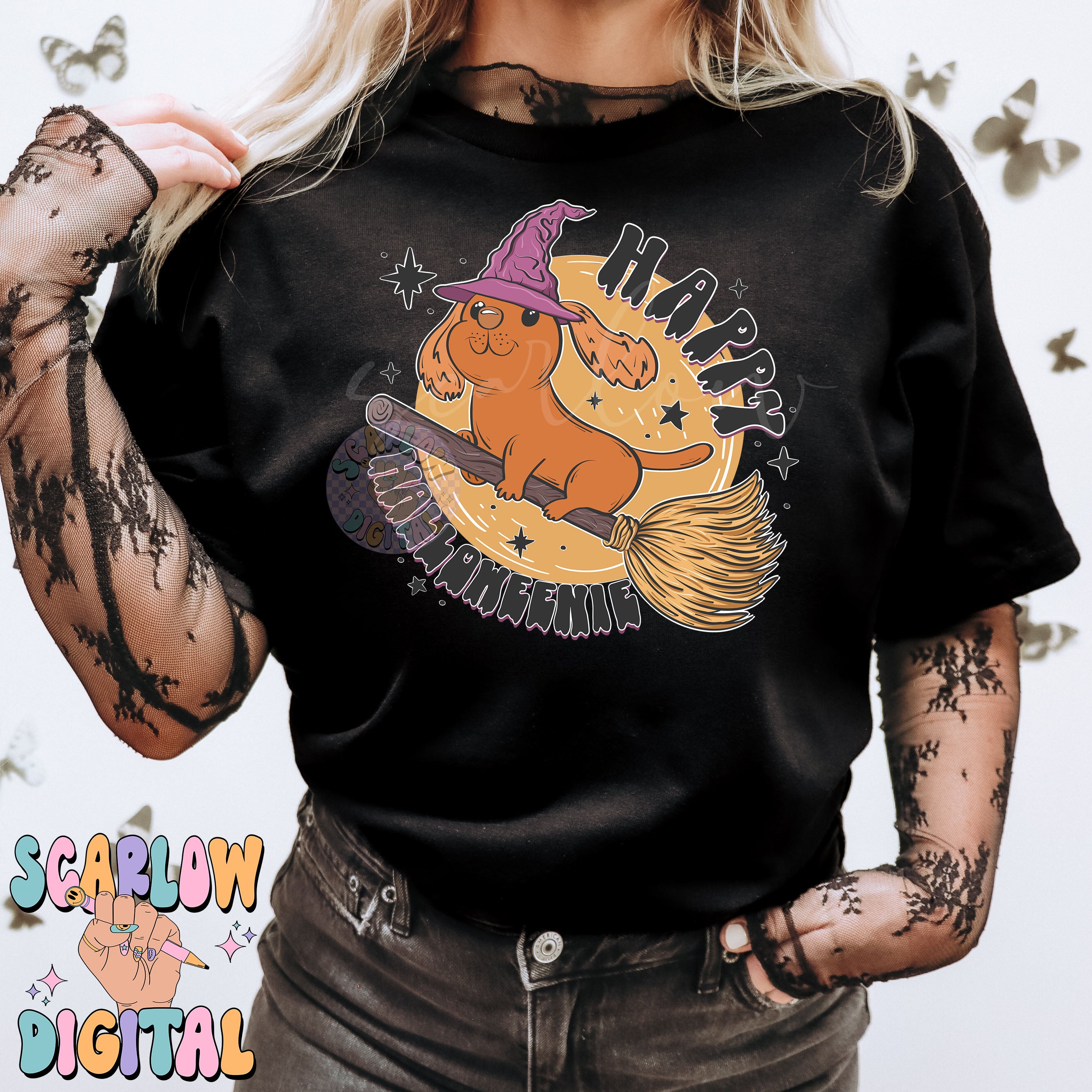 Happy Halloweenie PNG Digital Design Download, dachshund png, wiener dog png, funny halloween png, spooky season png, witchy png, kids png 5