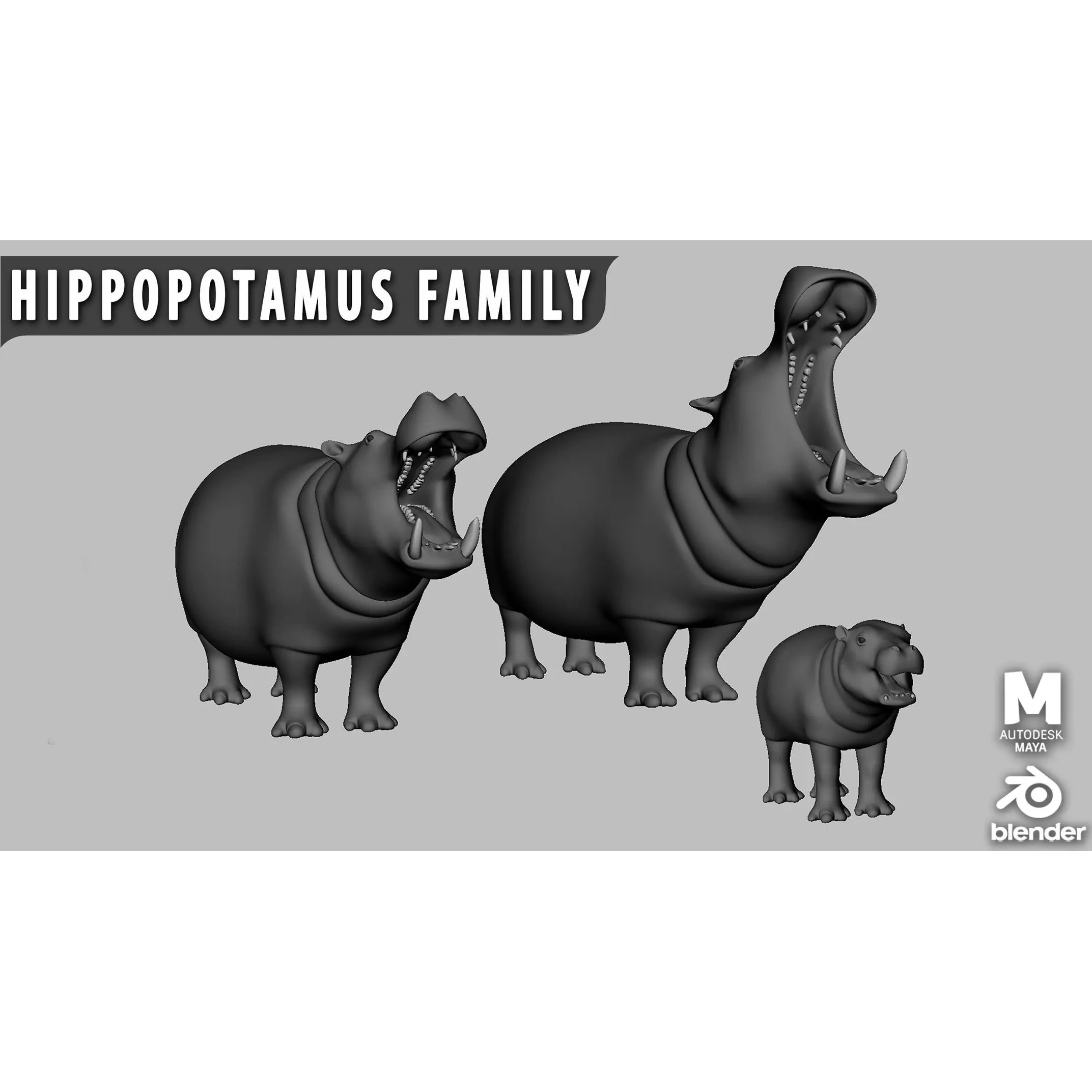 Hippopotamus Family Low-poly 3D model