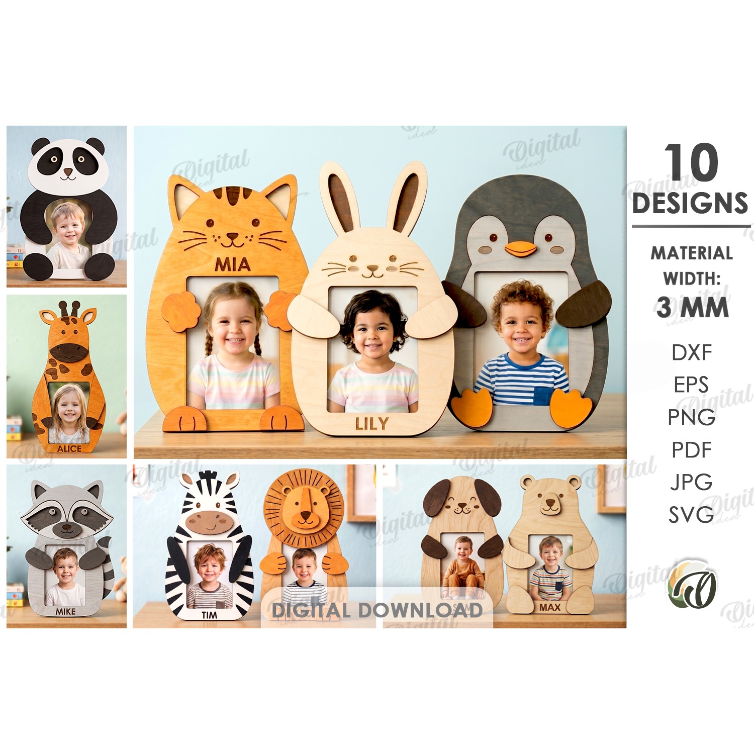 Hugging Animal Photo Frames Bundle Laser Cut. Kids SVG