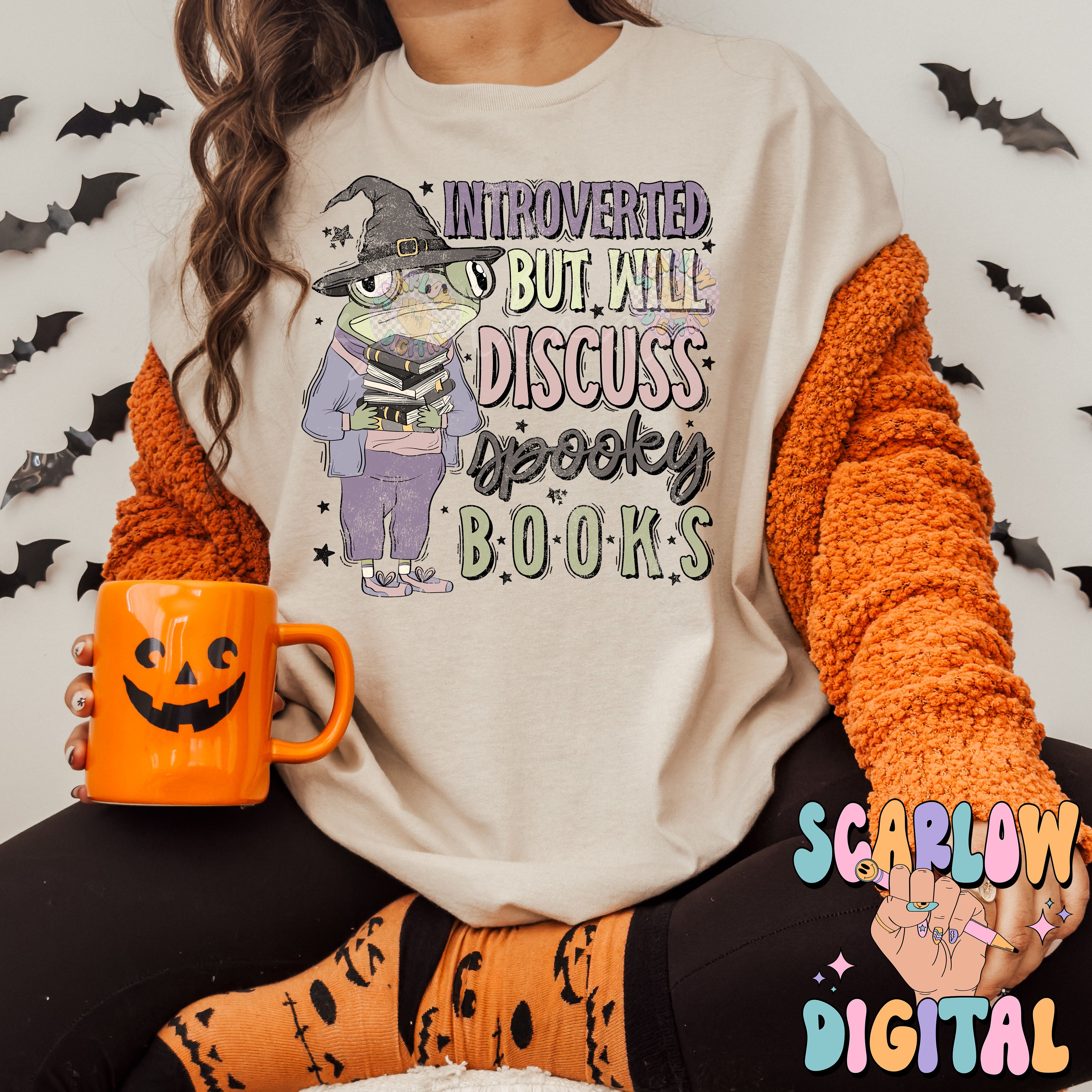 Introverted But Will Discuss Spooky Books PNG Digital Design Download, halloween png, reading png, frog png, witch png, spooky season png 3