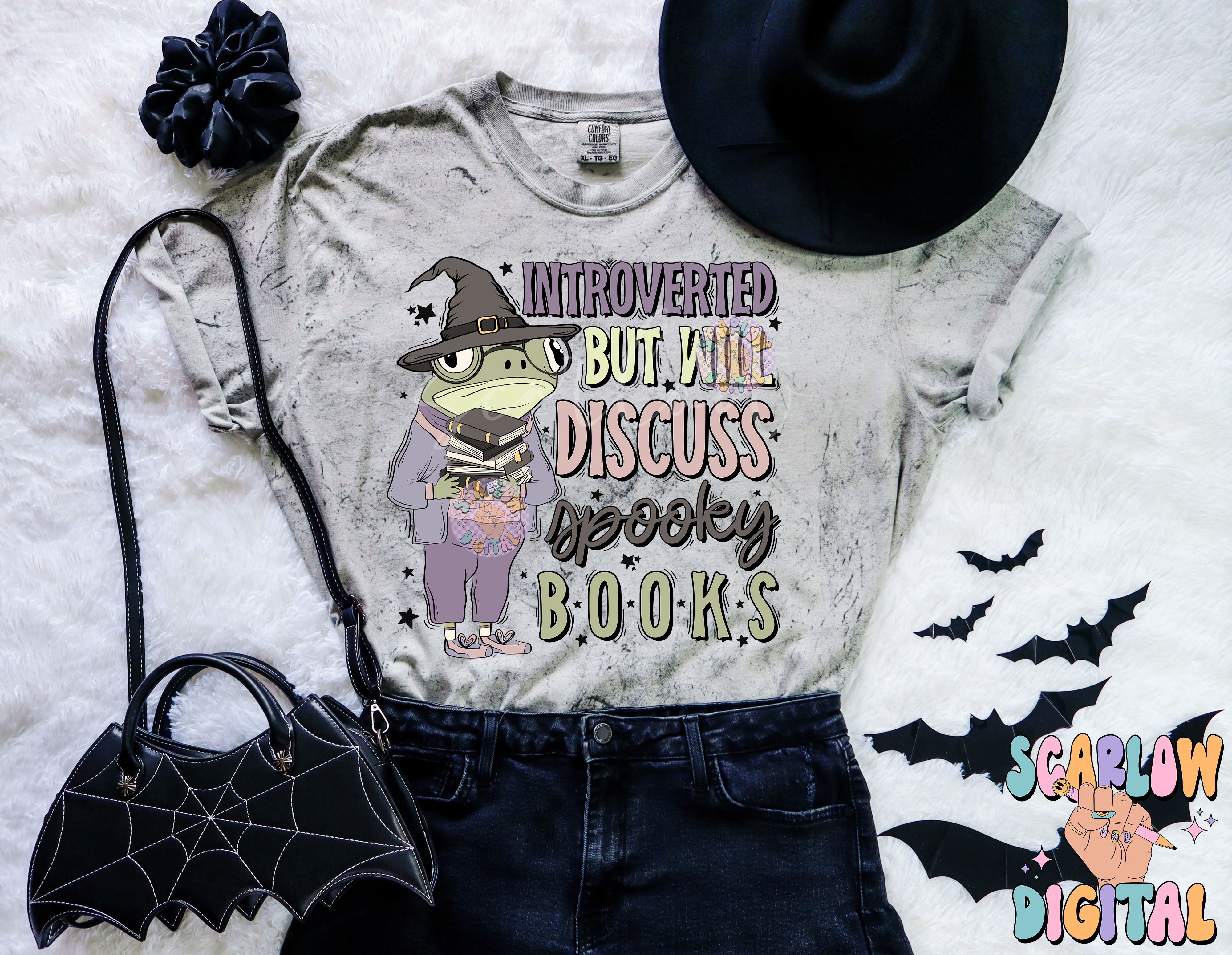 Introverted But Will Discuss Spooky Books PNG Digital Design Download, halloween png, reading png, frog png, witch png, spooky season png 5