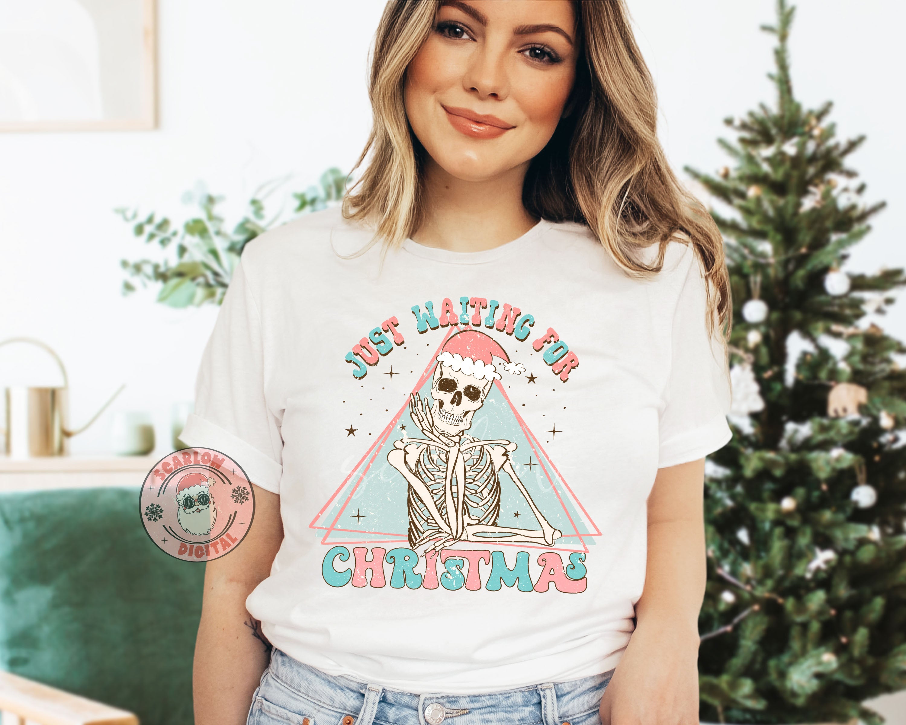 Just Waiting For Christmas-Skeleton Sublimation Digital Design Download-santa hat png, skull png, winter png, boho christmas png, retro png 2