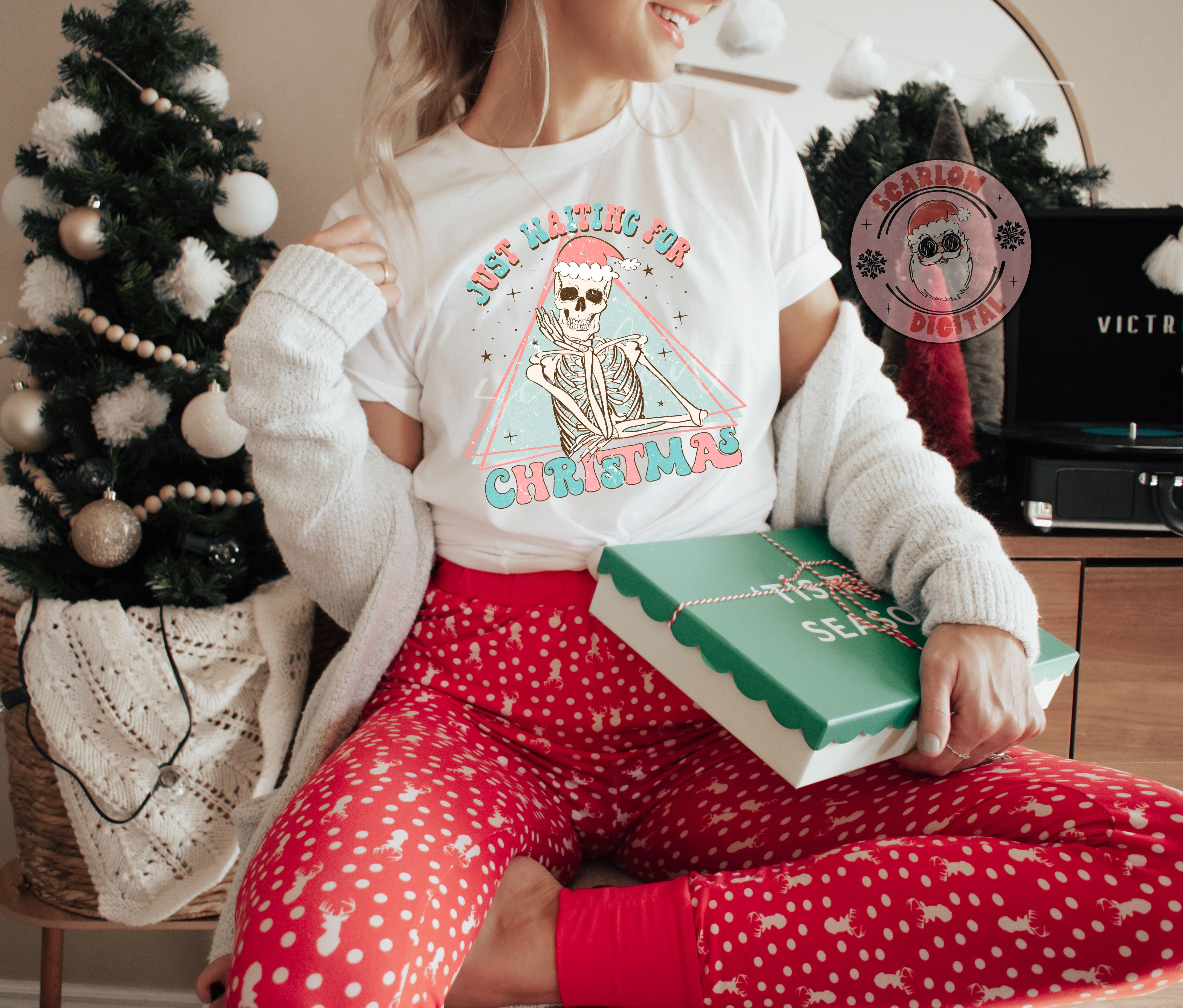 Just Waiting For Christmas-Skeleton Sublimation Digital Design Download-santa hat png, skull png, winter png, boho christmas png, retro png 3