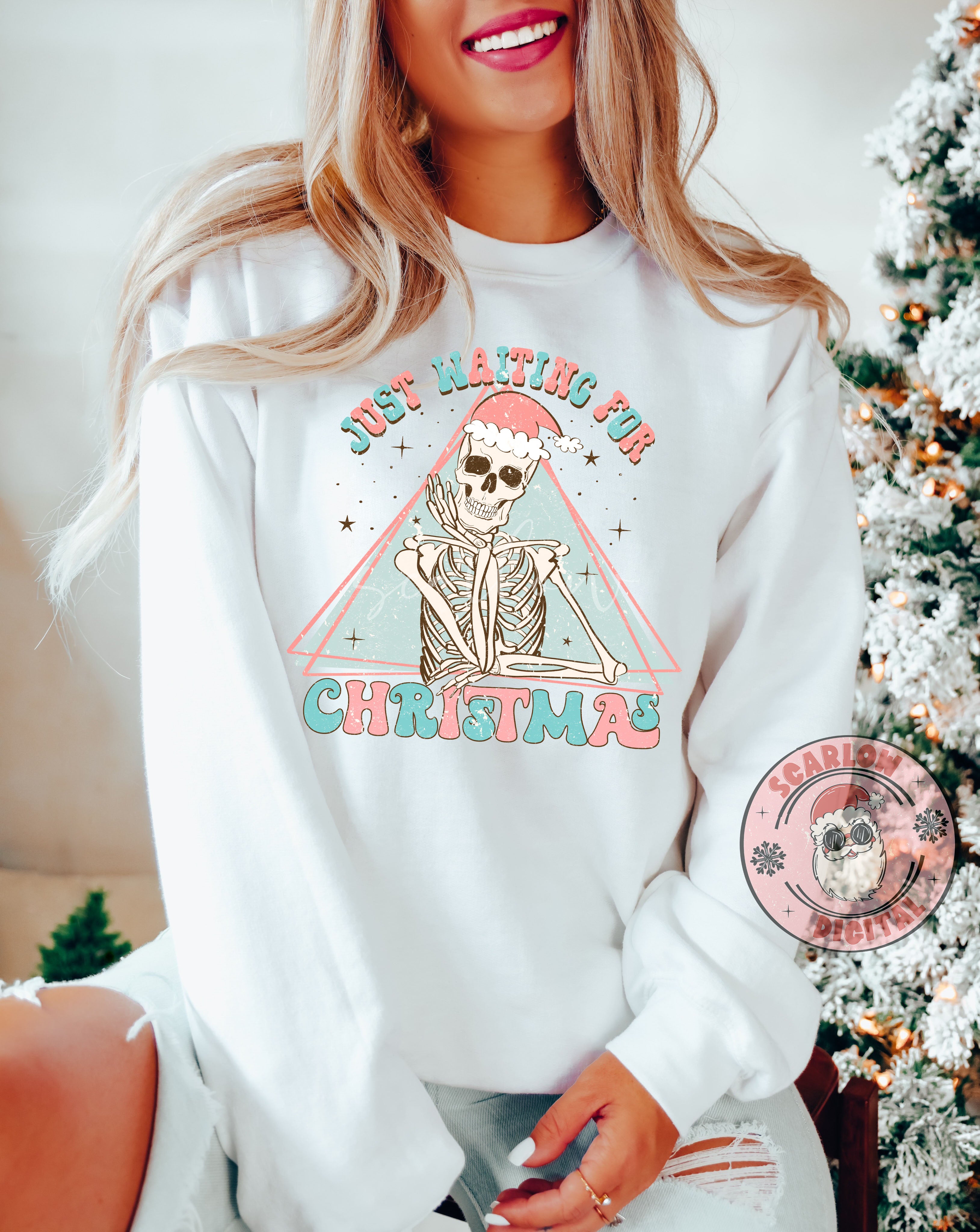 Just Waiting For Christmas-Skeleton Sublimation Digital Design Download-santa hat png, skull png, winter png, boho christmas png, retro png 4